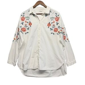 Womens XL Tunic Button Down Shirt Floral Embroidered Cottagecore Boho Feminine